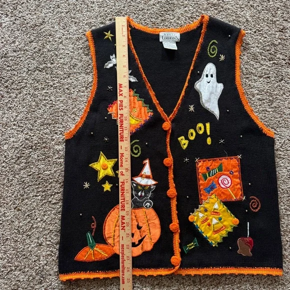 Vintage Halloween Sweater Vest Cat Pumpkin Ghost Applique Black Button Front L - Picture 14 of 14